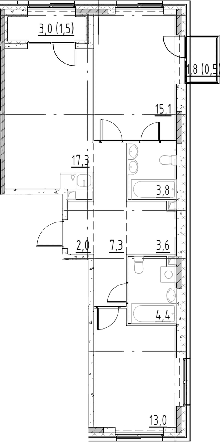 Планировка: Евротрёшка 66,5 м² в ЖК «Шагал»