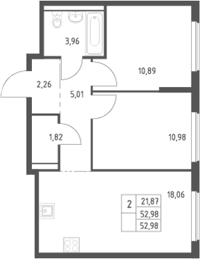 Планировка: Евротрёшка 53 м² в ЖК «Большое Юрлово»