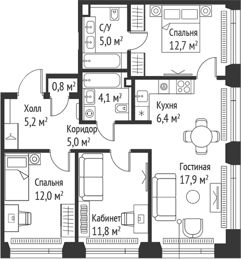 Планировка: Квартира евро-4 80,7 м² в ЖК «СЕТ»