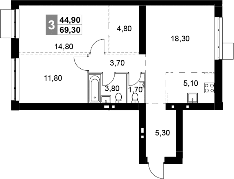 Планировка: Евротрёшка 69,3 м² в ЖК «Апрелевка Клаб»