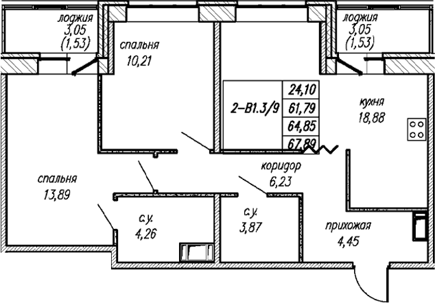Планировка: Евротрёшка 61,8 м² в ЖК «Уютный Новоселье»