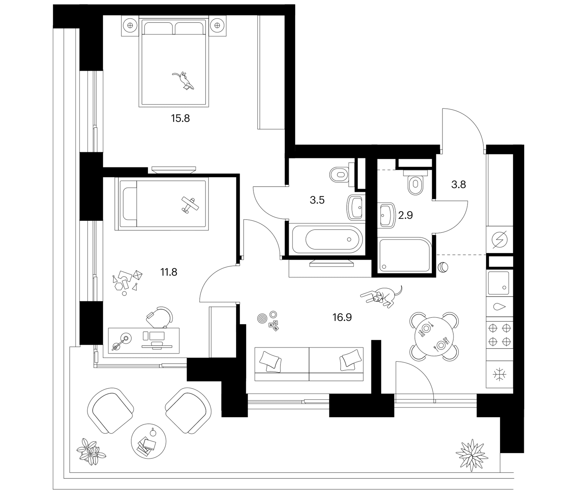 Планировка: 2-комнатная квартира 54,7 м² в ЖК «Зеленый парк»