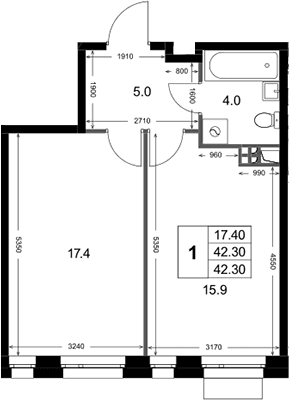Планировка: 1-комнатная квартира 42,3 м² в ЖК «Кореневский Форт 2.3»