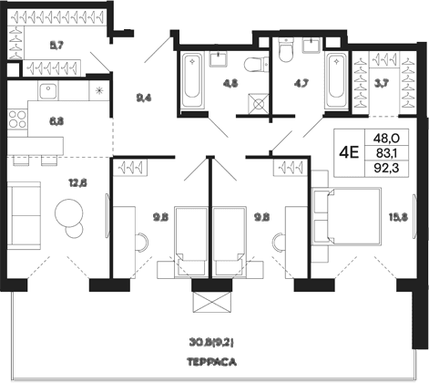 Планировка: Квартира евро-4 83,1 м² в ЖК «Базаева 11»