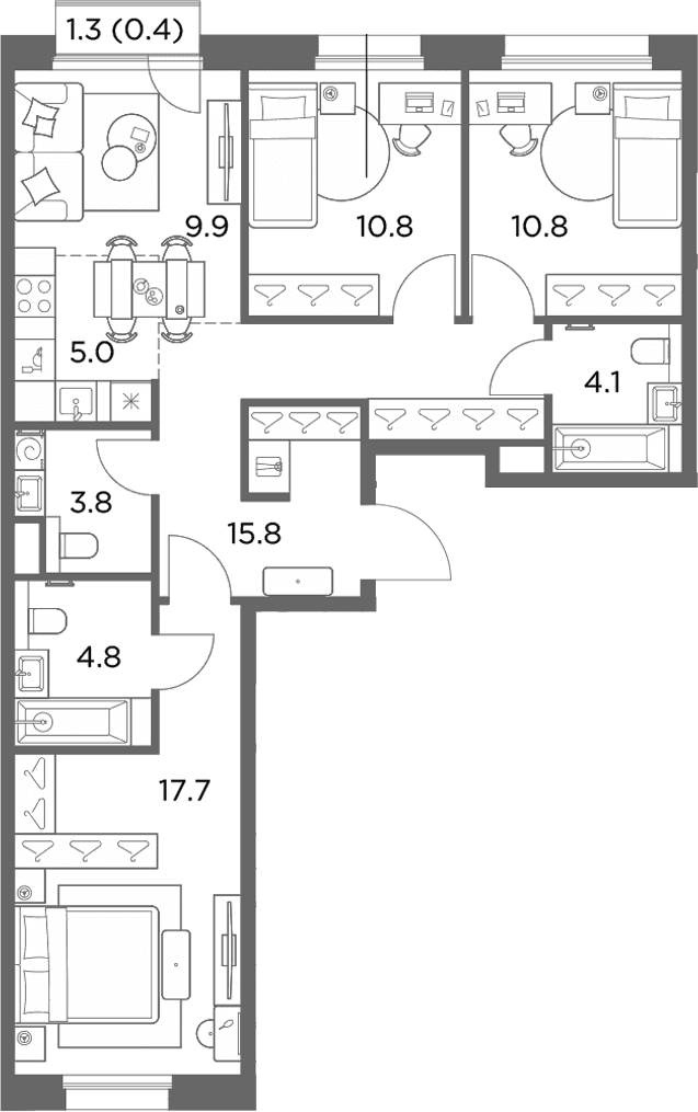 Планировка: 3-комнатная квартира 82,7 м² в ЖК «Станиславский»