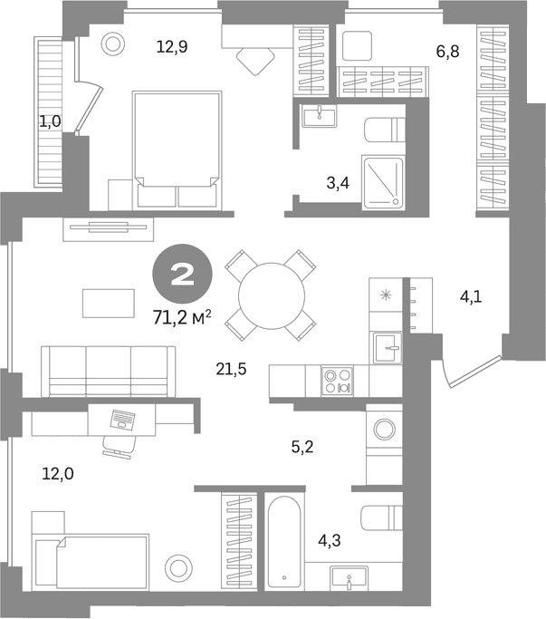 Планировка: 2-комнатная квартира 70,2 м² в ЖК «Первый квартал. Вторая очередь»