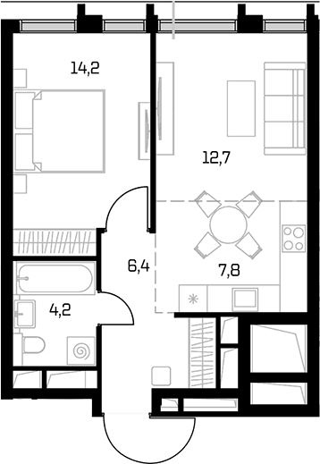 Планировка: Евродвушка 45,3 м² в ЖК «Дом 56»