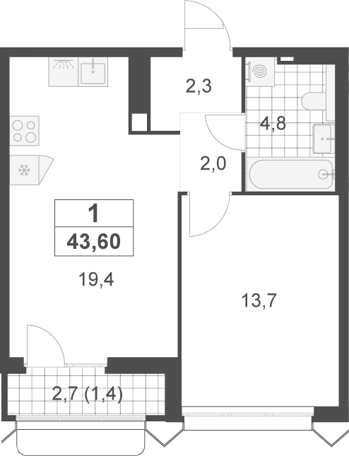 Планировка: Евродвушка 42,2 м² в ЖК «Деснаречье»