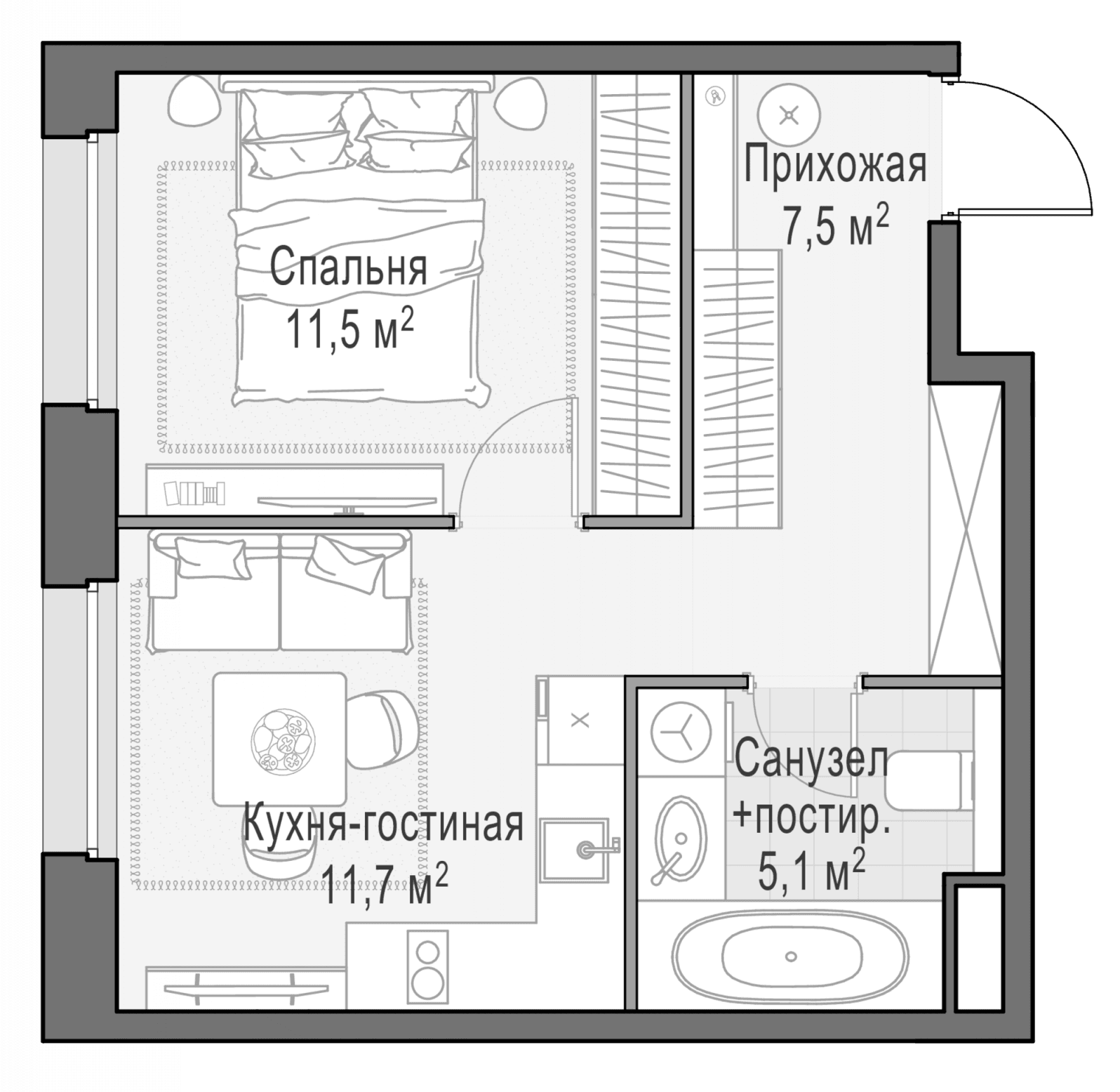 Планировка: 1-комнатная квартира 35,5 м² в ЖК «Белый Град»
