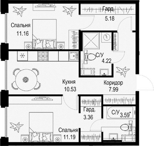 Планировка: 2-комнатная квартира 57,2 м² в ЖК «ID Petrogradskaya»