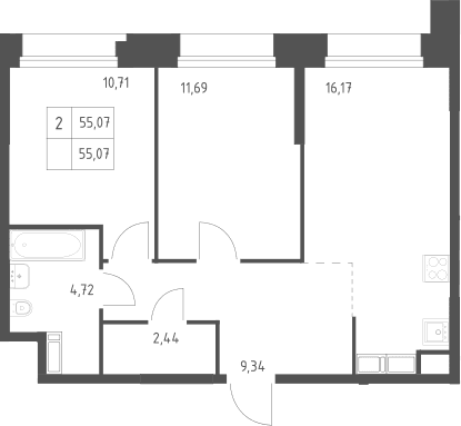 Планировка: 2-комнатная квартира 55,1 м² в ЖК «Тропарево Парк»