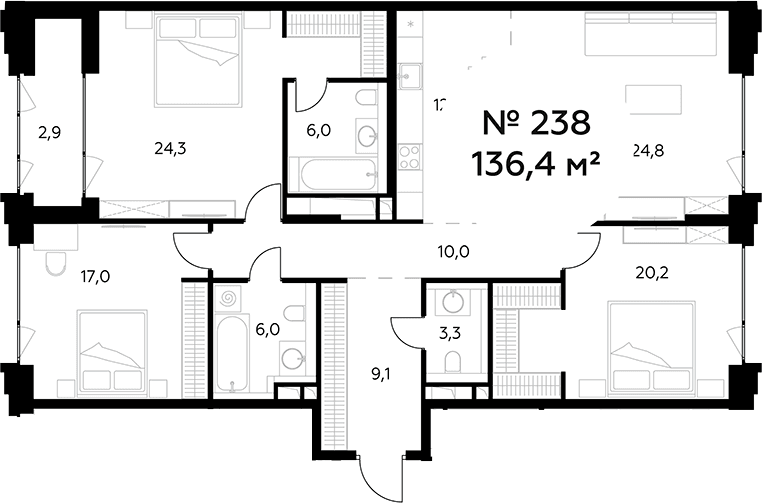 Планировка: Квартира евро-4 133,5 м² в ЖК «Монблан»