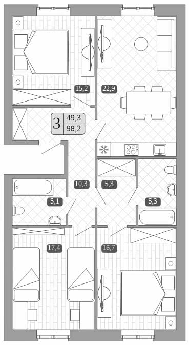 Планировка: Квартира евро-4 97 м² в ЖК «Белый город»