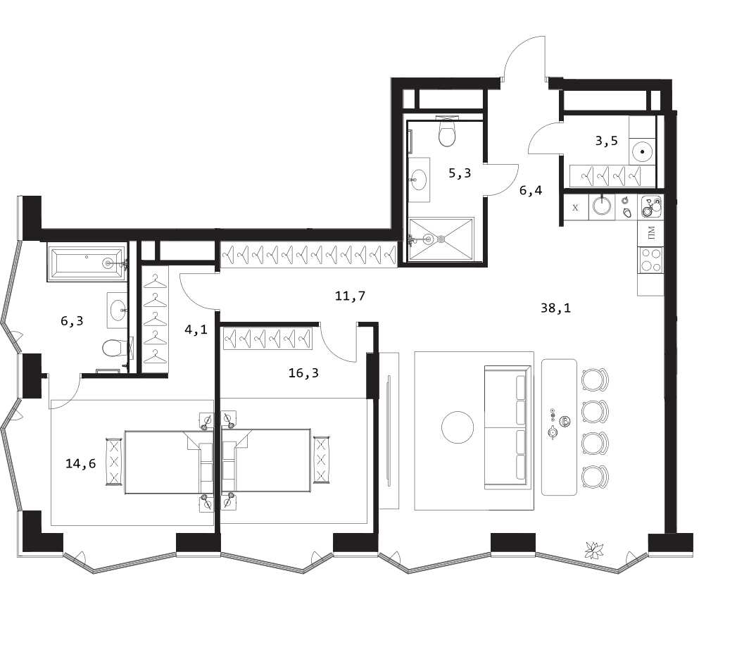 Планировка: Евротрёшка 106,3 м² в ЖК «A. Residence»