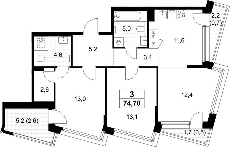 Планировка: Евротрёшка 70,9 м² в ЖК «Хольм»