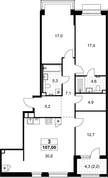 Планировка: Квартира евро-4 104,8 м² в ЖК «Хольм»