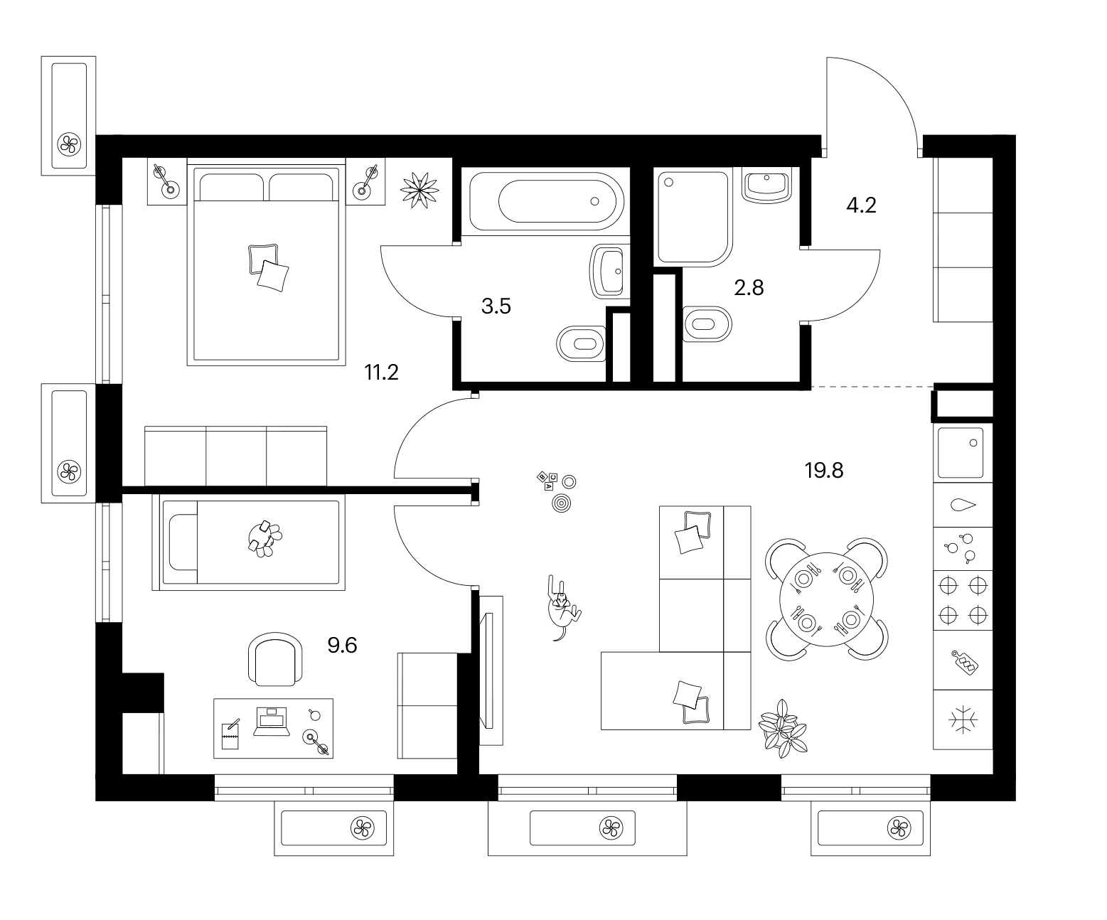 Планировка: 2-комнатная квартира 51,1 м² в ЖК «Ярославский»