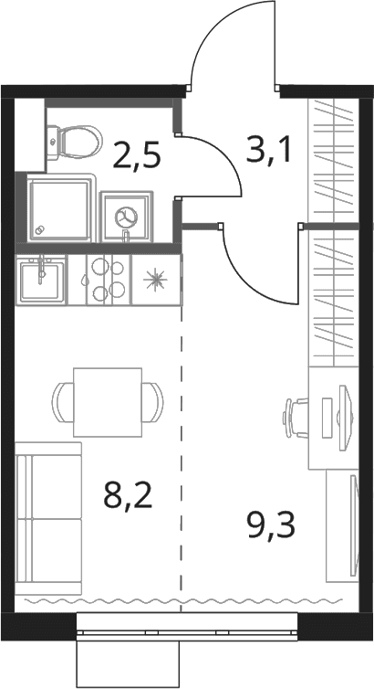 Планировка: Студия 23,1 м² в ЖК «1-й Шереметьевский»