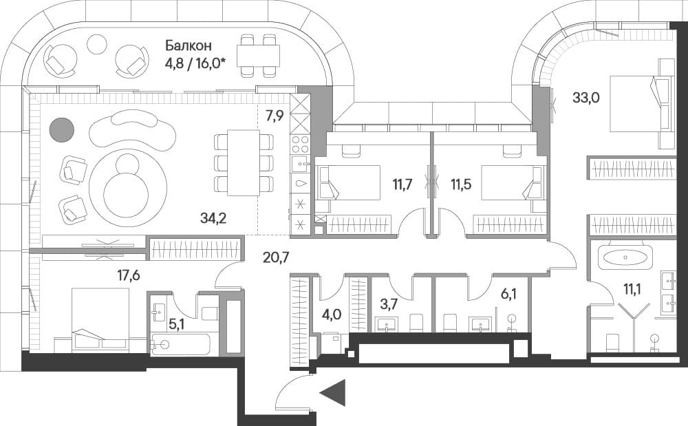Планировка: Квартира евро-5 166,6 м² в ЖК «Springs»