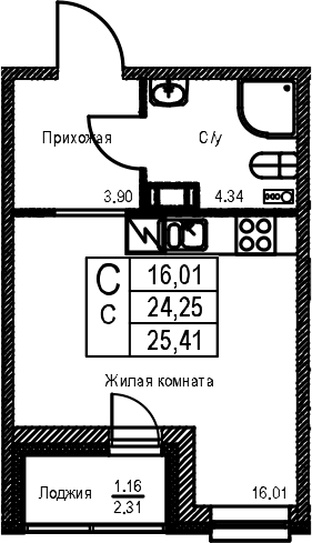 Планировка: Студия 24,3 м² в ЖК «ID Kudrovo II»