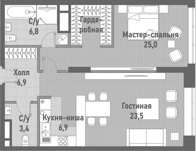 Планировка: Евродвушка 72,5 м² в ЖК «Ренессанс»