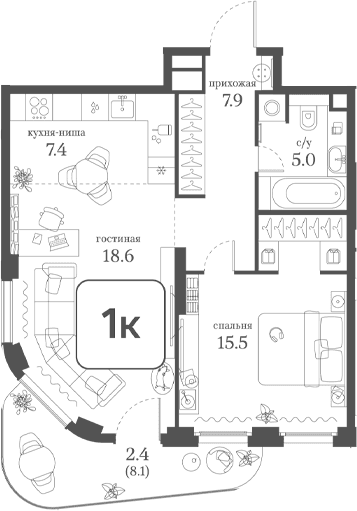 Планировка: 1-комнатная квартира 54,4 м² в ЖК «Муза»