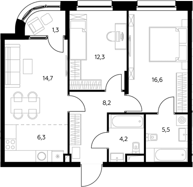 Планировка: Евротрёшка 68,2 м² в ЖК «Адмирал»