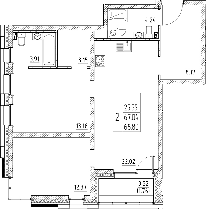 Планировка: Евротрёшка 67 м² в ЖК «Сезоны»