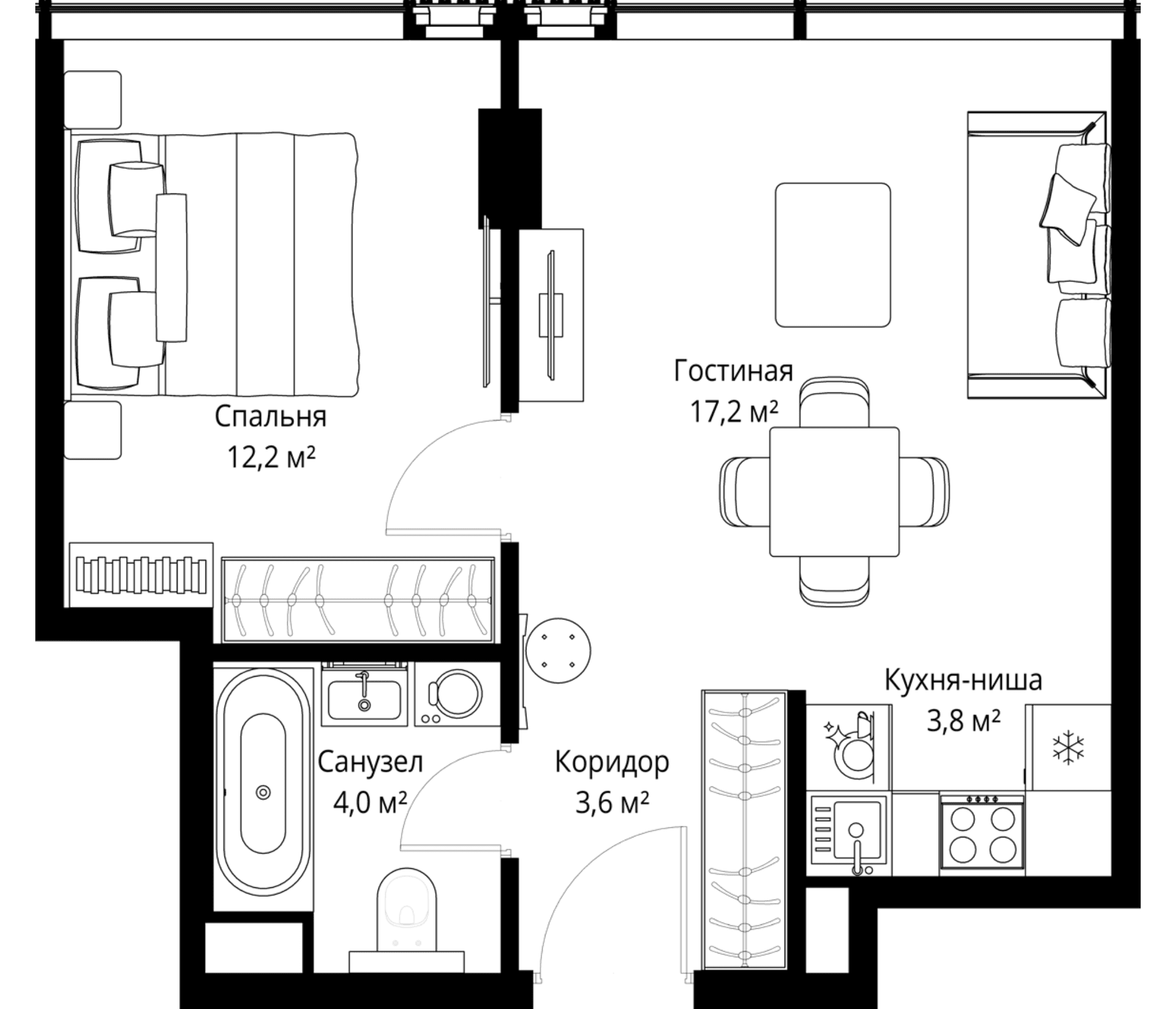 Планировка: Евродвушка 40,8 м² в ЖК «Слава»