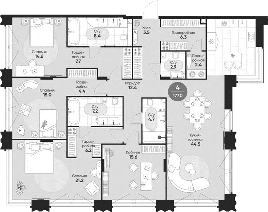 Планировка: Квартира евро-5 177 м² в ЖК «Резиденция Омега»