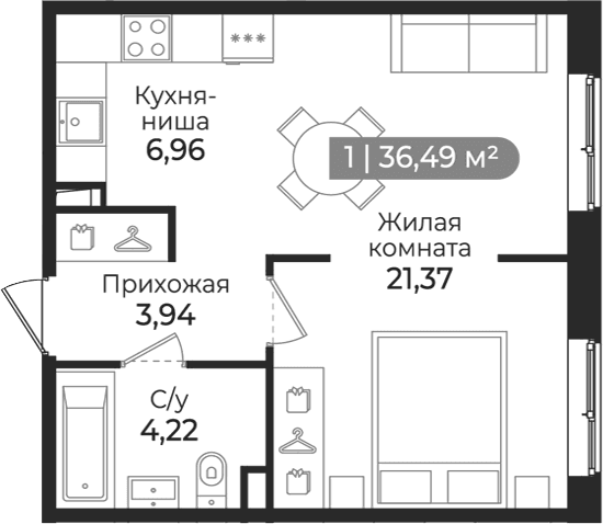 Планировка: Студия 36,5 м² в ЖК «Квинта»