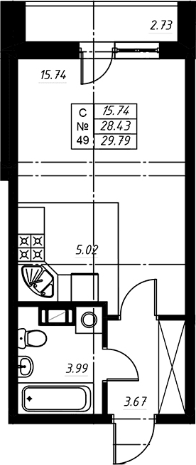 Планировка: Студия 28,6 м² в ЖК «Огоньки»