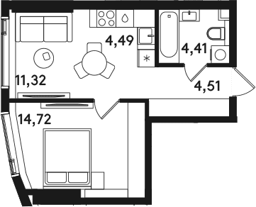 Планировка: Евродвушка 39,5 м² в ЖК «СОЛОС»