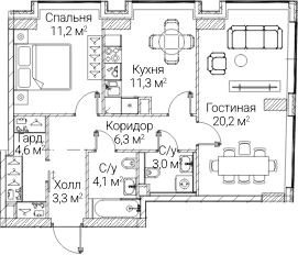 Планировка: 2-комнатная квартира 63,9 м² в ЖК «СЕЗАР БУДУЩЕЕ»
