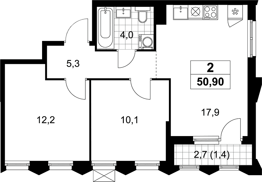Планировка: Евротрёшка 49,5 м² в ЖК «Деснаречье»