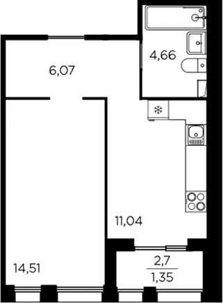 Планировка: 1-комнатная квартира 36,3 м² в ЖК «Респект»