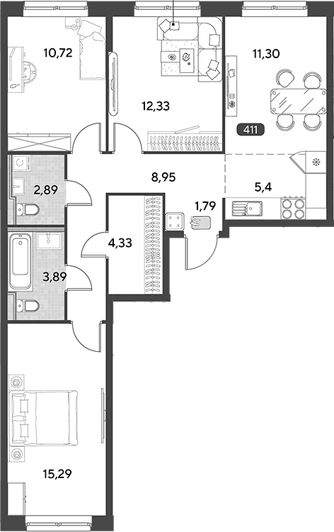 Планировка: Квартира евро-4 76,9 м² в ЖК «Космопарк»