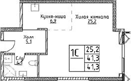 Планировка: Студия 41,3 м² в ЖК «Наметкин Тауэр»