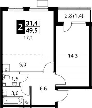 Планировка: Евродвушка 48,1 м² в ЖК «1-й Донской»