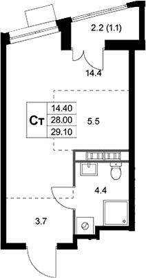Планировка: Студия 28 м² в ЖК «Легенда Коренево»
