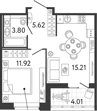 Планировка: Евродвушка 36,6 м² в ЖК «Ultra City 3.0»
