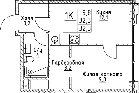Планировка: 1-комнатная квартира 32,3 м² в ЖК «ВЭРИ на Миклухо-Маклая»