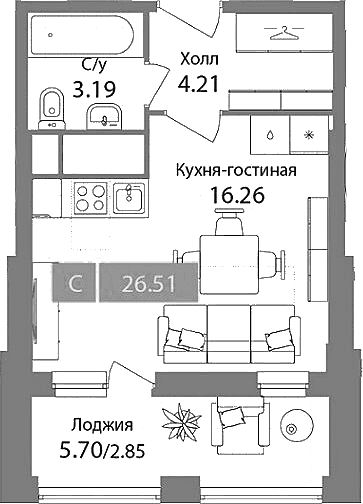 Планировка: Студия 23,7 м² в ЖК «Планерный квартал»