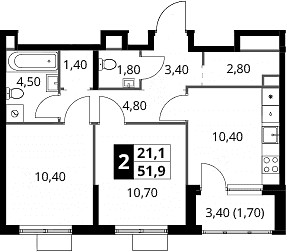 Планировка: 2-комнатная квартира 50,2 м² в ЖК «1-й Химкинский»