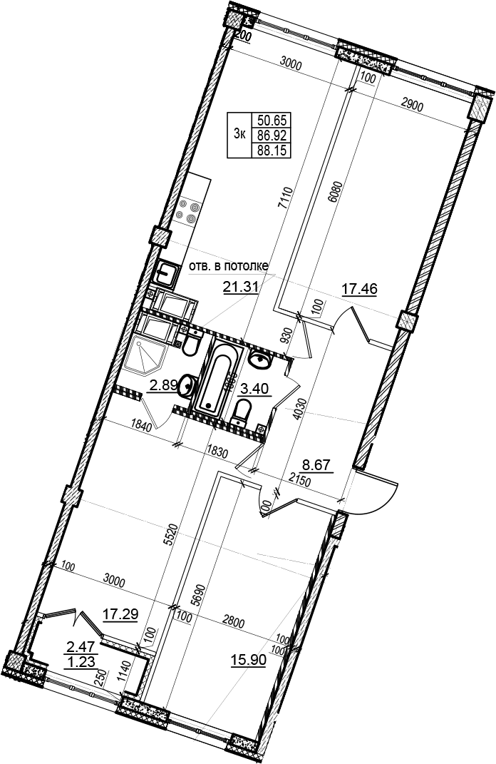 Планировка: 3-комнатная квартира 86,9 м² в ЖК «Neva Residence»