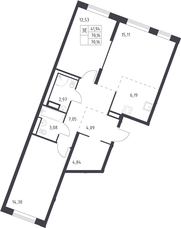 Планировка: Евротрёшка 70,2 м² в ЖК «Квартал Лаголово»