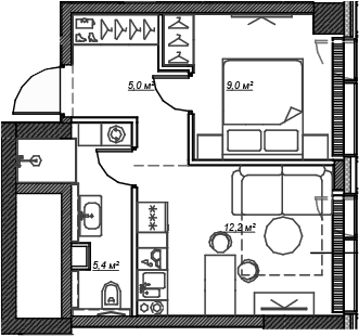 Планировка: Евродвушка 31,7 м² в ЖК «Веер»