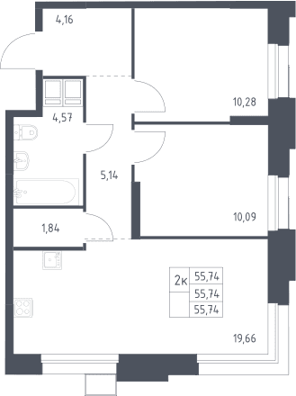 Планировка: Евротрёшка 55,7 м² в ЖК «Тропарево Парк»
