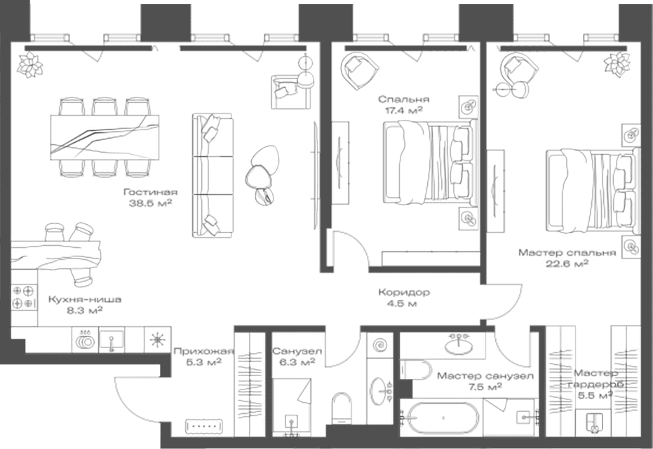 Планировка: Евротрёшка 115,9 м² в ЖК «Опус»