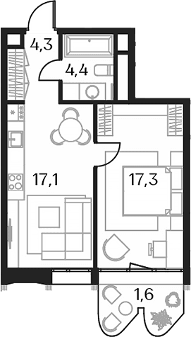 Планировка: Евродвушка 43,1 м² в ЖК «Союз»